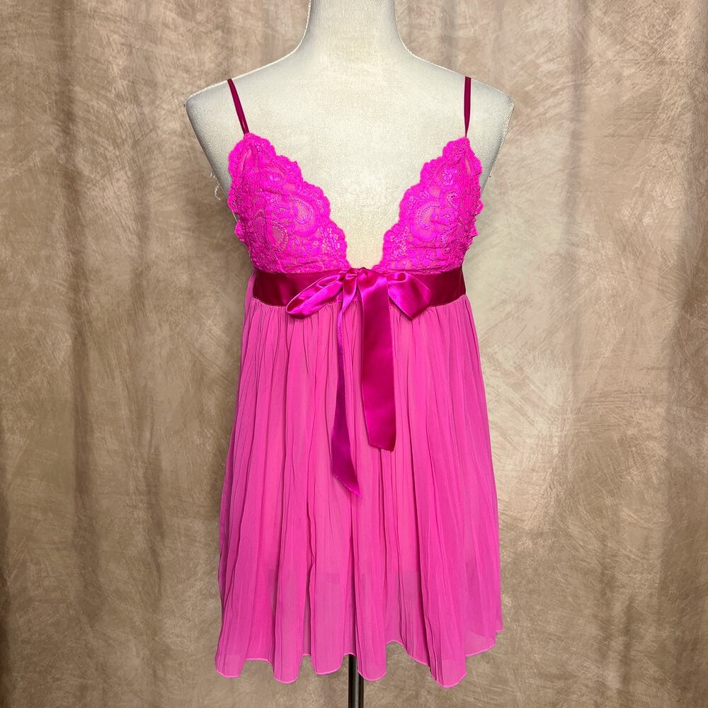 Victoria's Secret Hot Pink Lingerie Slip Dress Sheer Lace Pleated Satin Bow Sexy